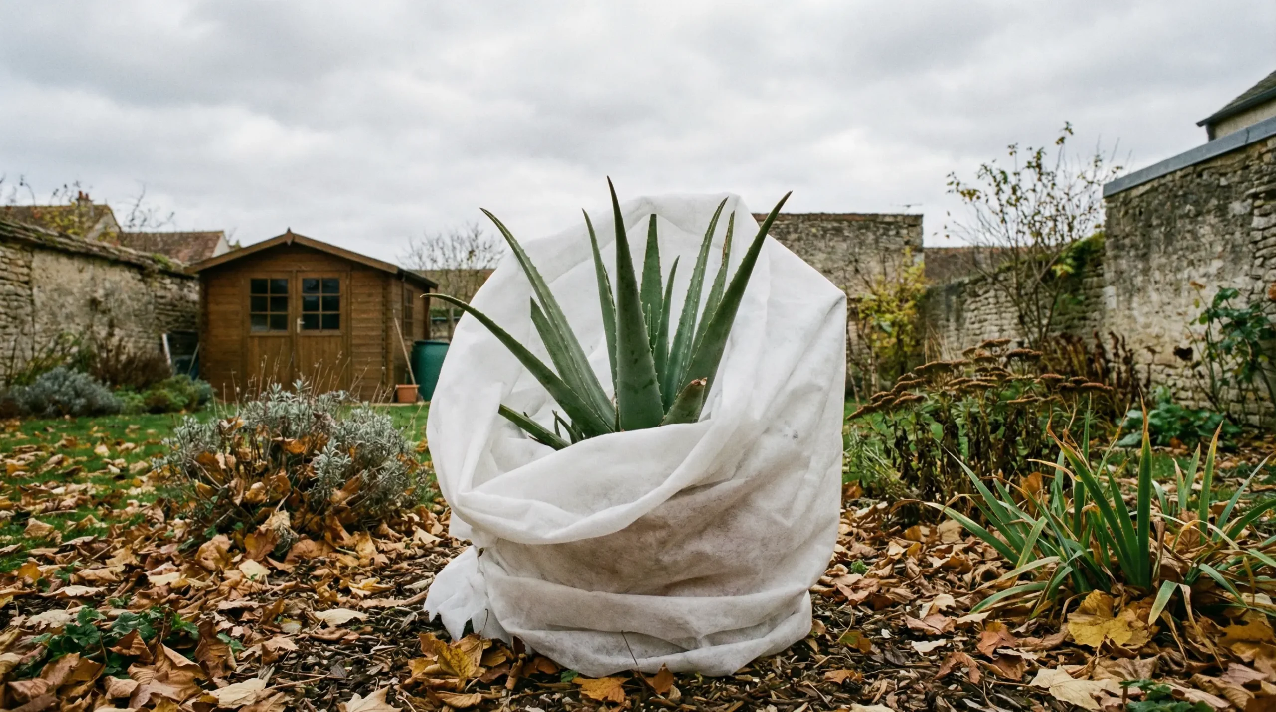 Plant d'aloe vera protégé par voile d'hivernage dans jardin automnal