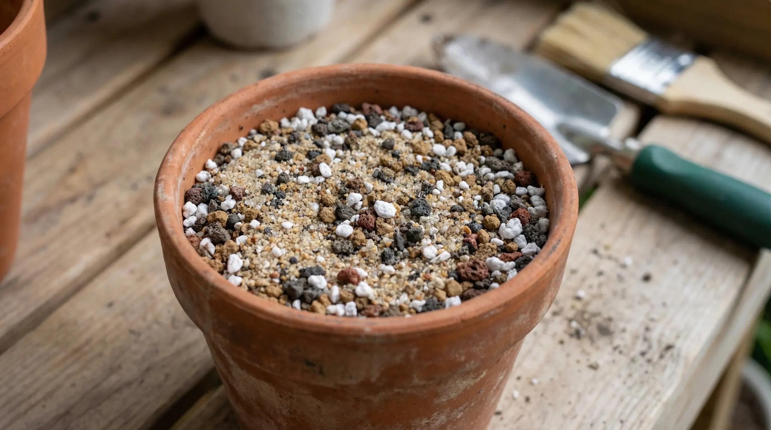 Mélange de substrat drainant pour aloe vera avec perlite et graviers dans pot terre cuite