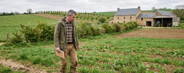 Un agriculteur inspecte une parcelle diversifiée avec haies et cultures dans une ferme française engagée dans la transition agricole.