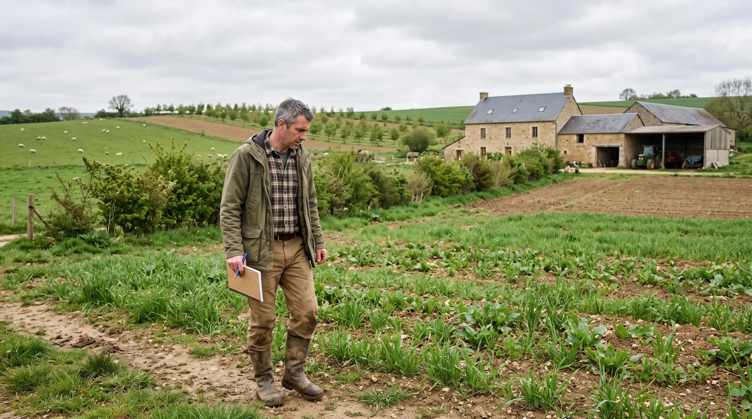 Un agriculteur inspecte une parcelle diversifiée avec haies et cultures dans une ferme française engagée dans la transition agricole.