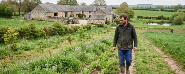Un agriculteur inspecte une parcelle diversifiée avec haies et cultures dans une ferme française engagée dans la transition agricole.