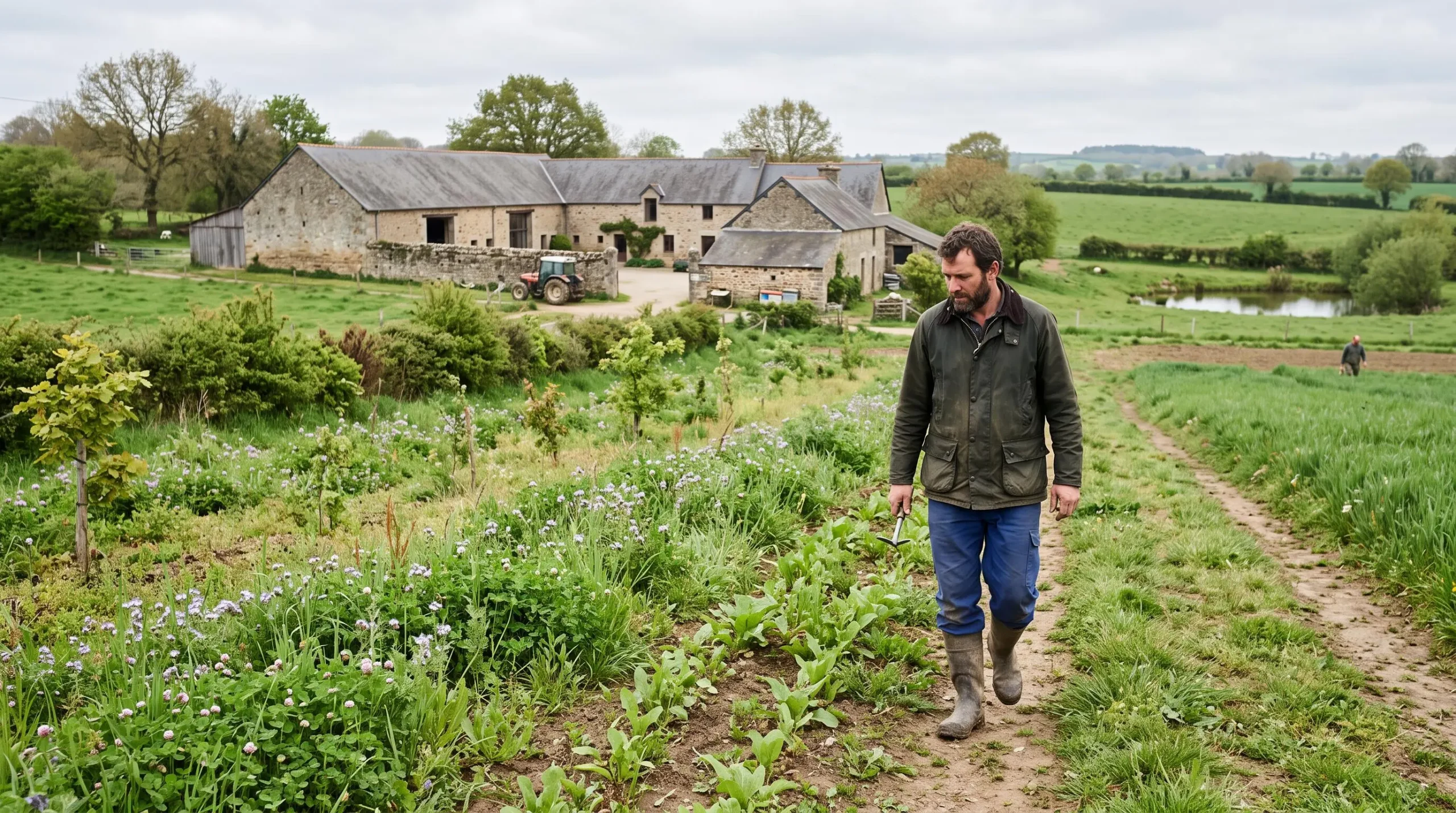 Un agriculteur inspecte une parcelle diversifiée avec haies et cultures dans une ferme française engagée dans la transition agricole.