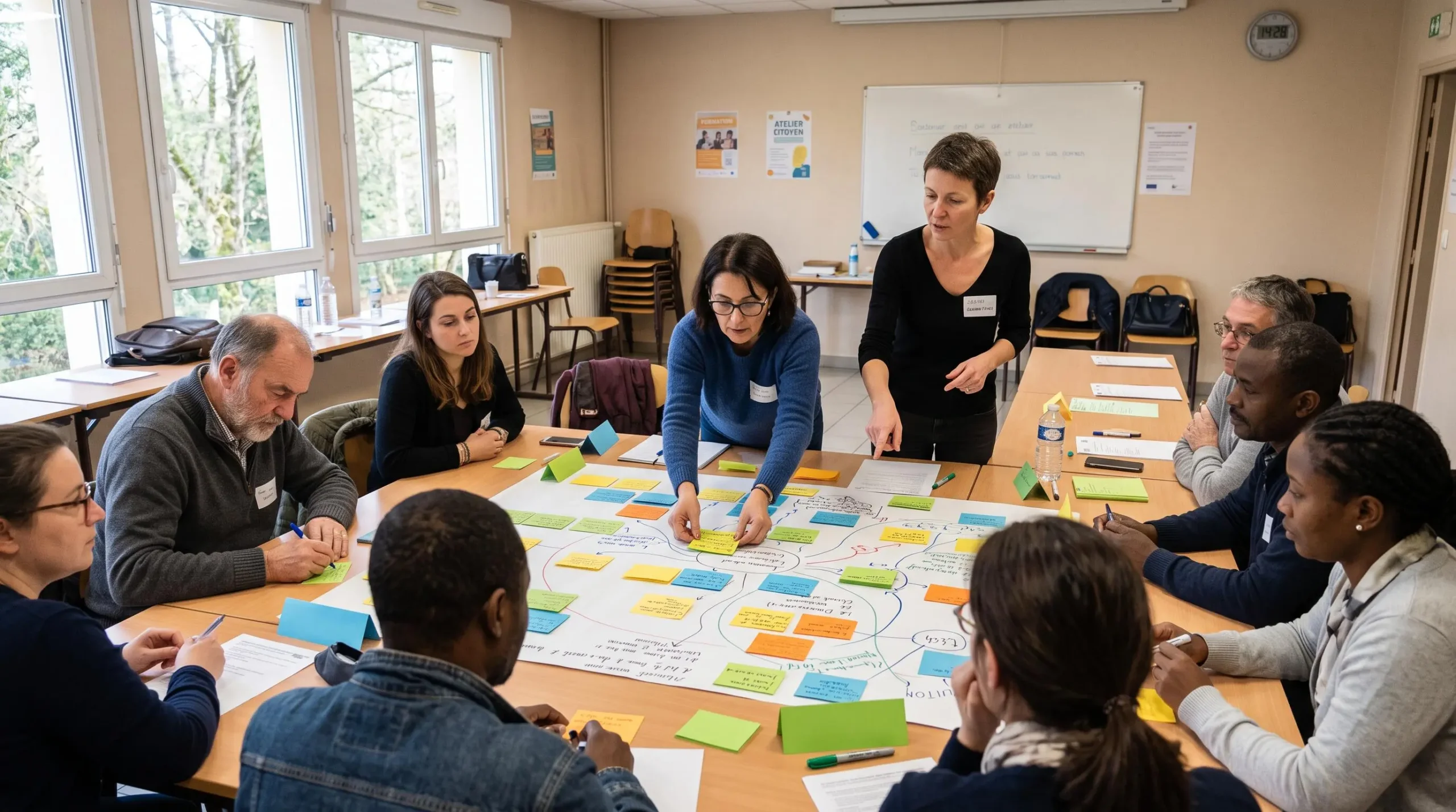 Des participants collaborent autour d'un grand panneau de cartes colorées lors d'un atelier de sensibilisation en salle.
