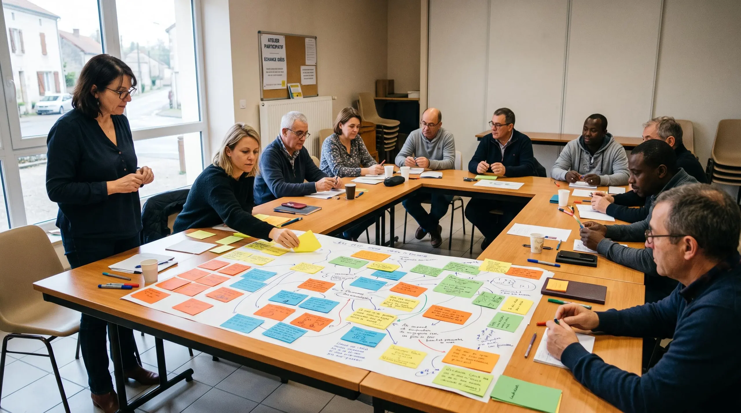 Des participants collaborent autour d'un grand panneau de cartes colorées lors d'un atelier de sensibilisation en salle.