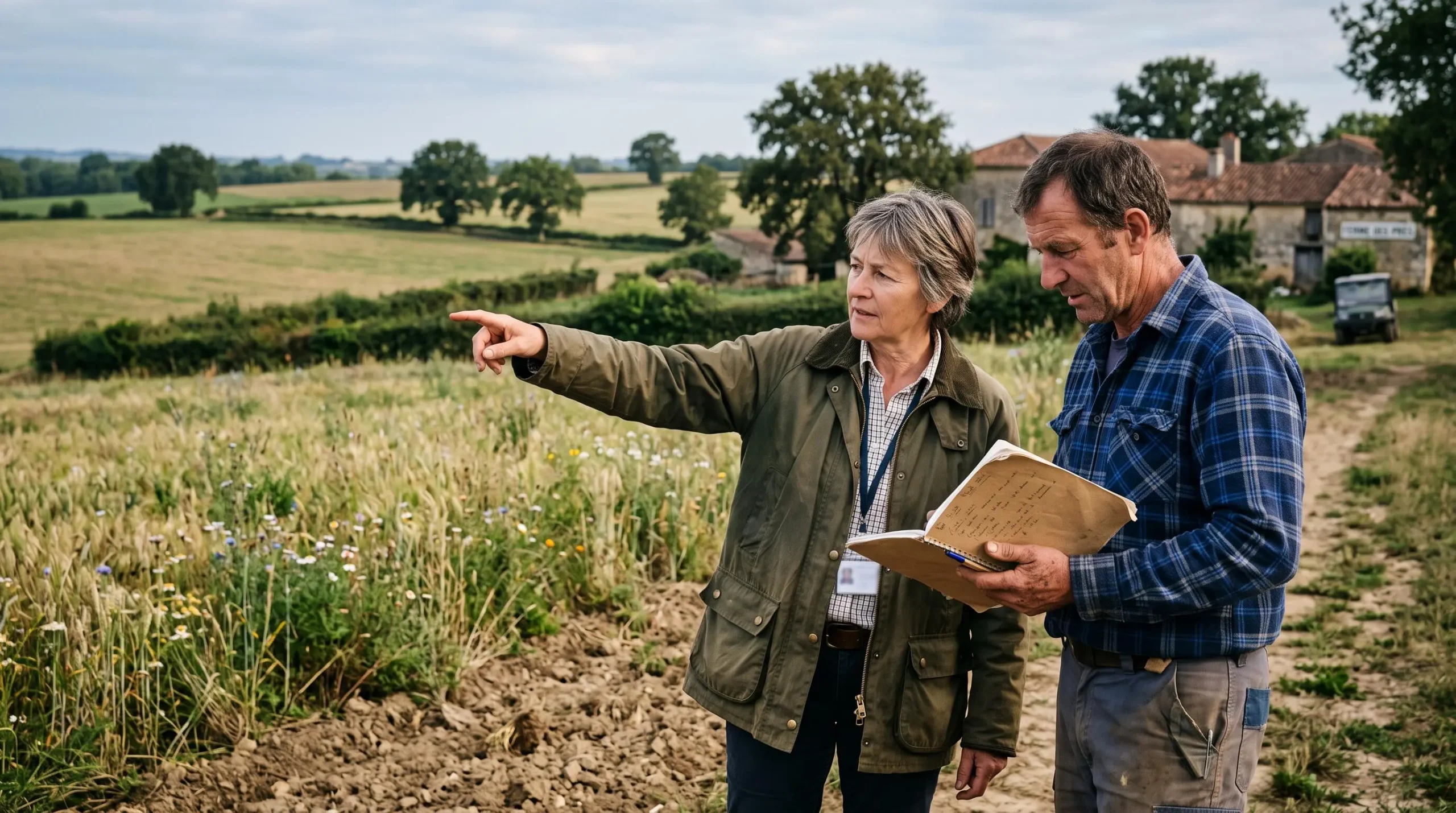 Un conseiller agricole et un agriculteur échangent en bord de parcelle devant un paysage diversifié.