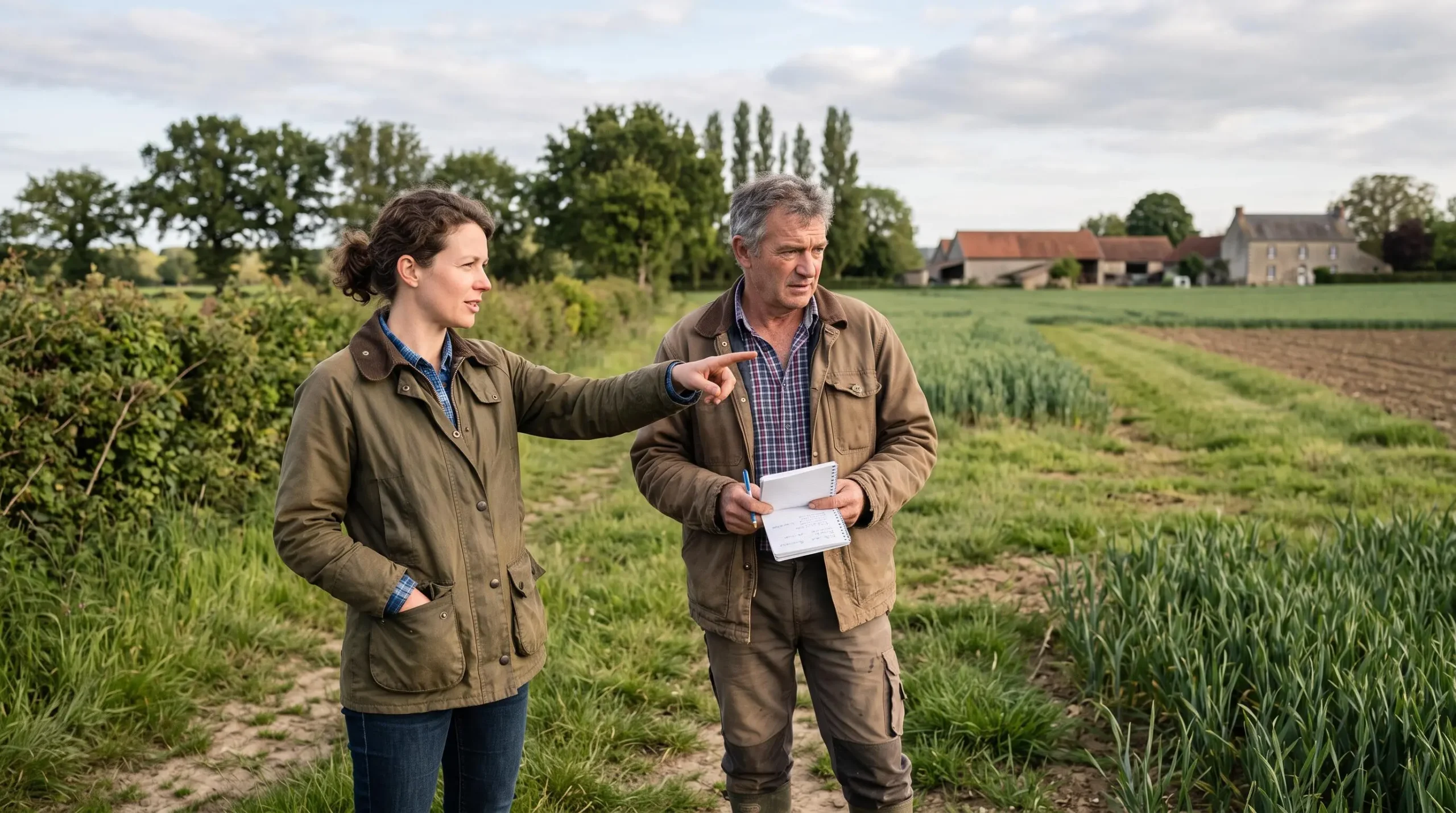 Un conseiller agricole et un agriculteur échangent en bord de parcelle devant un paysage diversifié.