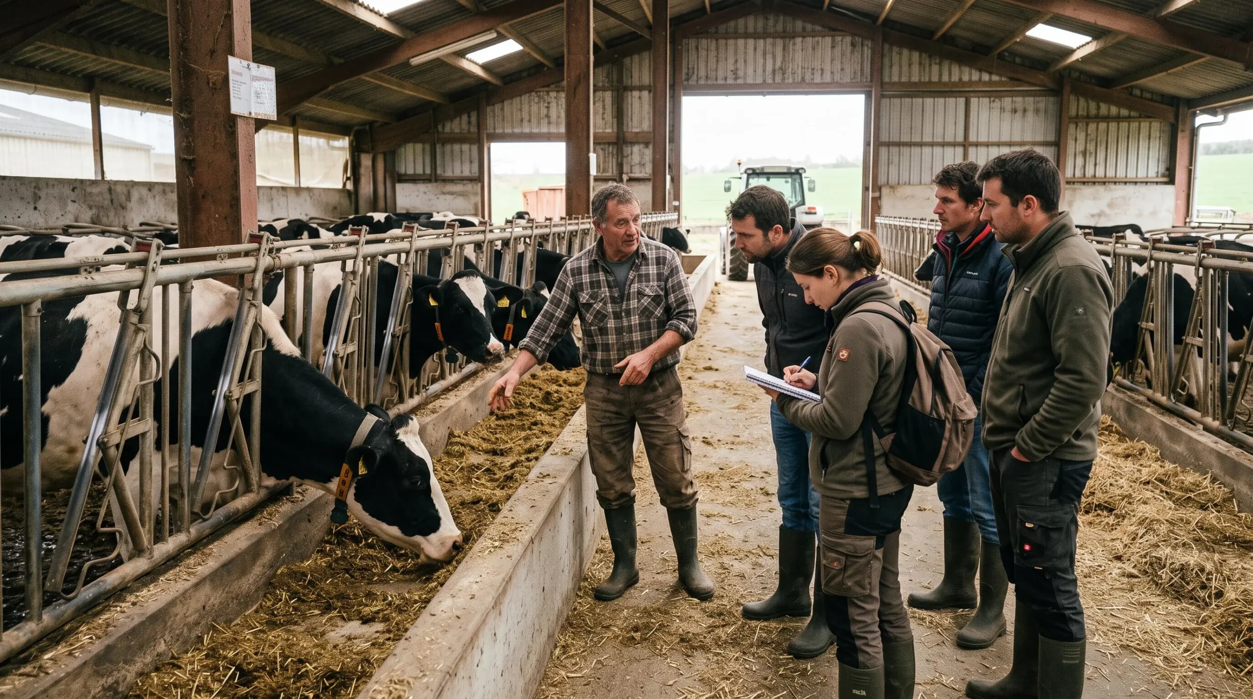 Un groupe d'apprenants suit une démonstration pratique dans une étable lors d'un stage immersif en ferme.
