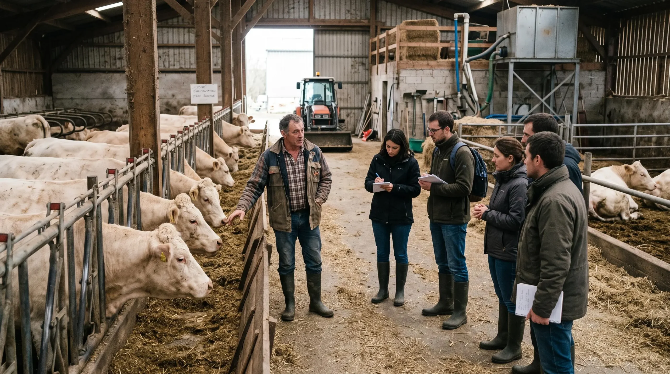 Un groupe d'apprenants suit une démonstration pratique dans une étable lors d'un stage immersif en ferme.